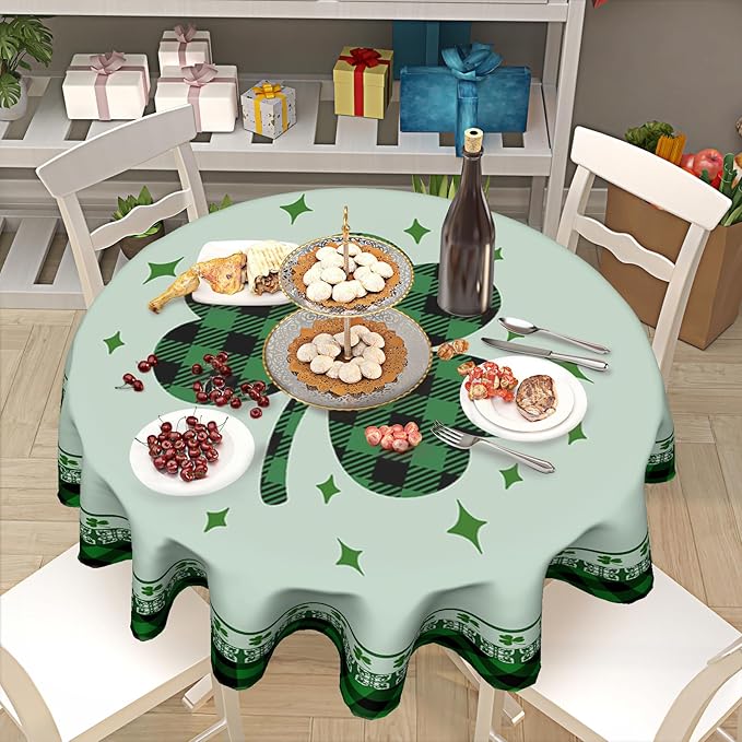 St Patricks Tablecloth Round 70 Inch Green Shamrock Tablecloth Buffalo Plaid Clover Table Cloth Farmhouse St Patrick's Day Tablecloth for Kitchen Holiday Picnic Party Dinner Room Outdoor Decor