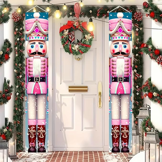 Pink Nutcracker Christmas Porch Banners 71x12 Inch Holiday Door Banner Decorations Hanging Soldier Welcome Signs for Xmas Indoor Outdoor Winter Front Door Party Décor