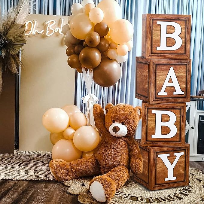 Baby Shower Boxes Party Decorations - 4 Wood Grain Brown Blocks with Baby Letter, Printed Letters,First Birthday Centerpiece Decor, Teddy Bear Baby Shower Supplies, Gender Reveal Backdrop