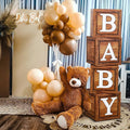 Baby Shower Boxes Party Decorations - 4 Wood Grain Brown Blocks with Baby Letter, Printed Letters,First Birthday Centerpiece Decor, Teddy Bear Baby Shower Supplies, Gender Reveal Backdrop