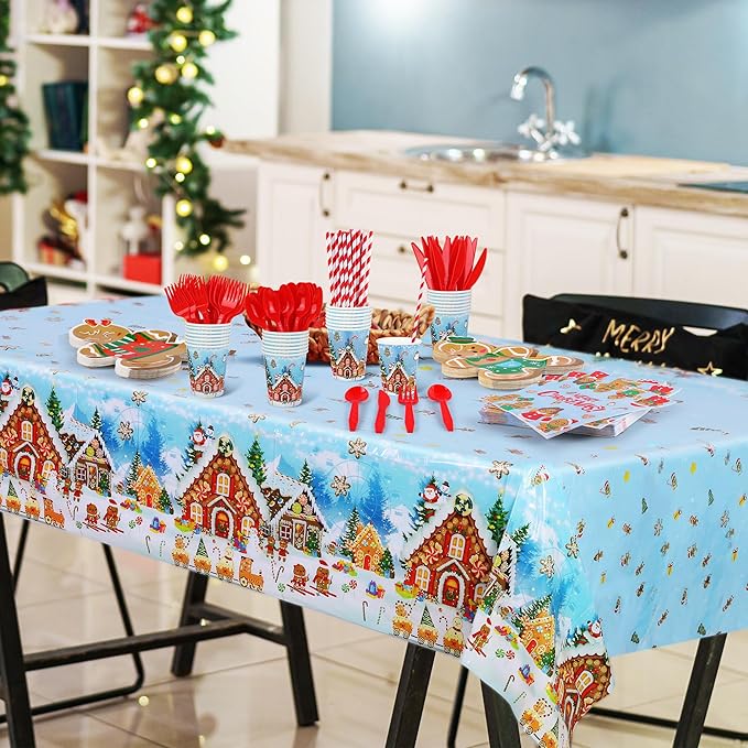 durony 194 Pieces Gingerbread Christmas Tableware Set Party Supplies Includes Paper Plates Napkins Cups Straw Plastic Tablecloth Knife Fork Spoon Serve 24 Guests for Xmas Holiday Party Decorations