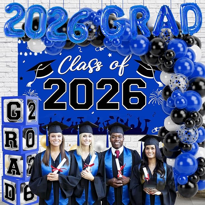 Graduation Decorations Class of 2026-123pcs Blue Black Graduation Party Decorations include Balloon Boxes with Letters, Balloon Arch Kit and Backdrop for 2026 Grad Party Supplies