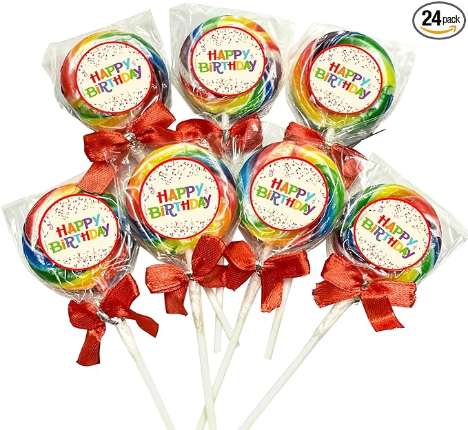 Happy Birthday Candy Lollipops - 24 Individually Wrapped Colorful Swirl Suckers - Great for Kids Goodie Bags, Bulk Birthday Party Favors