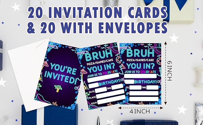 CLIRBE Bruh Birthday Party Invitations, Glow Neon Invited Birthday Invitations For Brother Bro Teen Boys, 20 Invites Cards With 20 Envelopes, Party Supplies Favors -H04