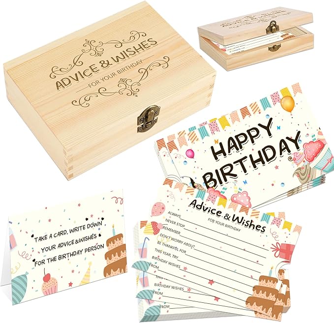 60pcs Birthday Wishes Cards, Guest Book Advice Cards Box for Party, Advice And Wishes for Games, for 16th, 18th, 30th, 40th, 50th, Any Age, Party Favors
