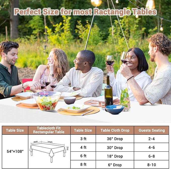 Disposable Table Cloth for Rectangle Tables 5 Pack, 54'' x 108'' White Paper Tablecloths for 3-9 Ft Tables, Paper & Plastic Party Table Cover for Outdoor, Birthday, Wedding, Banquet