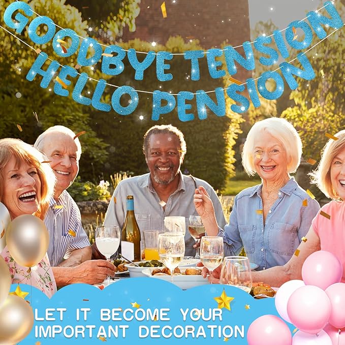Retirement Banner Pre-Strung GOODBYE TENSION HELLO PENSION Banner Glitter Retirement Party Supplies Decorations for Women Men Office Home Decor (Dark blue)