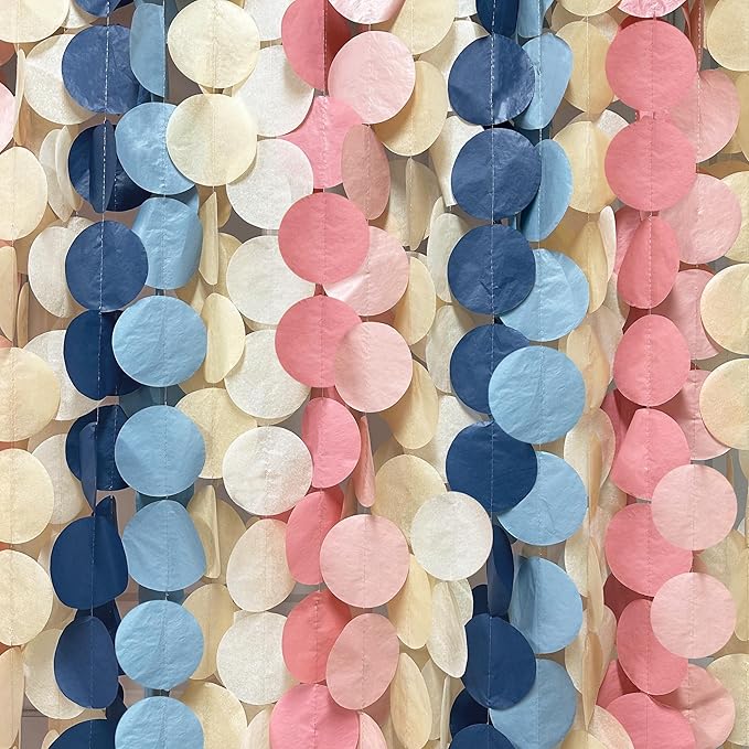 205 Ft Dusty Rose Pink Blue Khaki Beige Circle Dot Backdrop Garland Tissue Paper Polka Dots Hanging Streamer for Gender Reveal He or She Boy or Girl Baby Shower Birthday Wedding Party Decorations