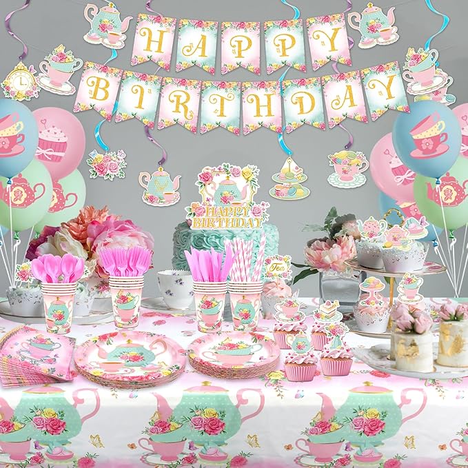 KEFAN Tea Birthday Party Decorations, Tea Theme Party Tableware Supplies including HAPPY BIRTHDAY Banner, Plates, Cups, Napkins, Tablecloth, Balloons for Girls Birthday Party, Serves 20