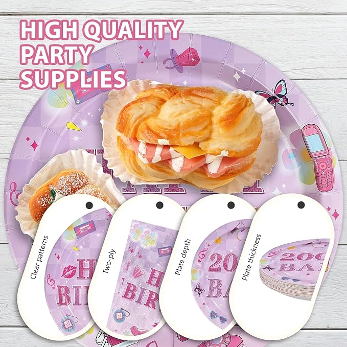 96 Pcs Y2k 2000s Birthday Party Decorations Pink Retro Fashion Plates and Napkins Disposable Early 2000s Theme Tableware Set for Girls Women Teen Birthday Party Supplies Serves 24