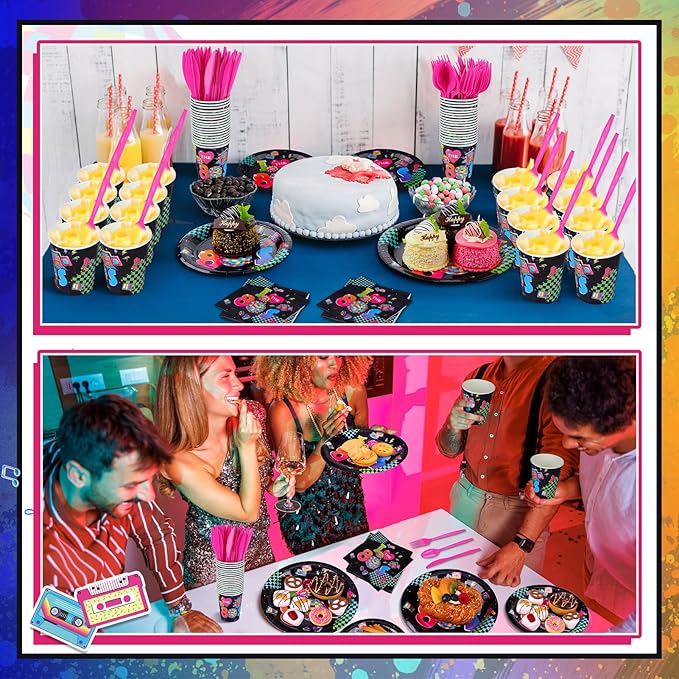Yungyan 252 Pcs Retro 80s Plates and Napkins Set I Love the 1980s Party Decorations Back to the 80s Napkins Plates Cups Knives Spoons Forks 1980s Neon Party Tableware Supplies Serves 36 Guests