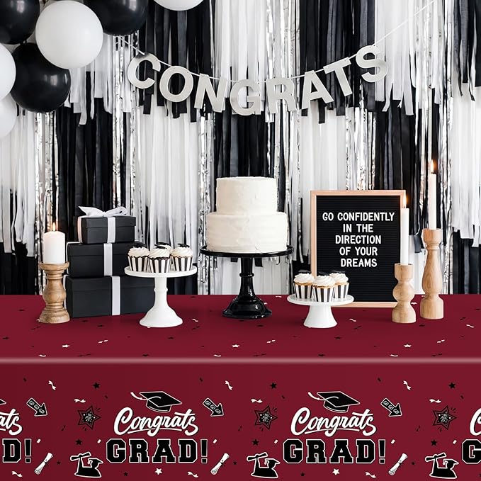 2-Piece 54 x 108 Inch Graduation Plastic Tablecloth – Graduation Disposable Rectangle Table Covers with “Congrats Grad” Design for Class of 2026 Party, School and Home Decorations