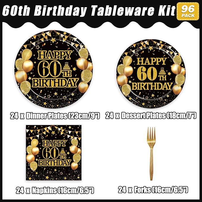 96Pcs 60th Birthday Party Tableware Set, Back in 1966 Birthday Party Decorations Supplies for Men Women Cheers to 60 Years Disposable Paper Plates Napkins Forks Favors, Serve 24