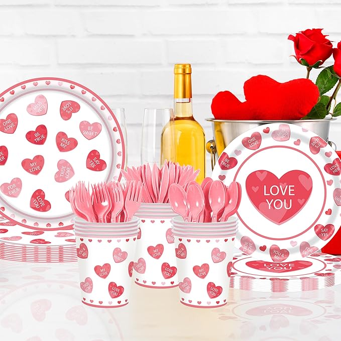 168Pcs Valentines Paper Plates and Napkins,Valentine's Day Party Supplies Pink Heart Paper Plates Napkins Cups Dinnerware for Galentines Party Decorations,Serves 24