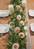 PARTY JOY 2pcs 6.56ft Eucalyptus Garland with Flowers-8 Pink Roses-Lush,Natural Looking, Floral Garland Greenery for Party Wedding Table Indoor Outdoor Backdrop Wall Decor（Pink）