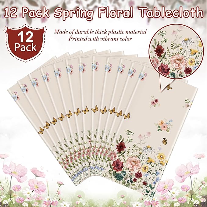 12 Pcs Spring Floral Tablecloth, Butterfly Wildflower Plastic Disposable Tablecloth Rectangle Table Covers for Easter, Birthday, Wedding, Mothers Day Tea Party Supplies and Decorations,54 x 108 Inch