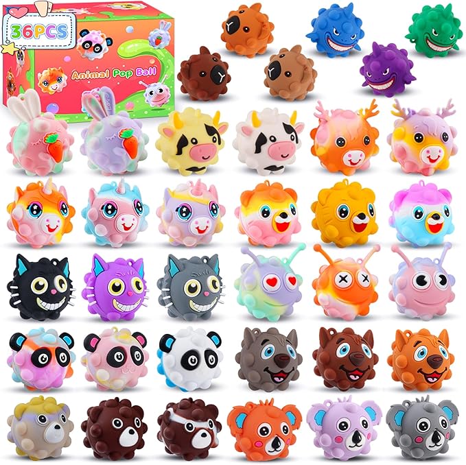 36 PACK Animal Pop Balls Party Favors for Kids, 3D Pop Fidget Balls Toys Bulk, Gifts for Boys & Girls, Goodie Bag Stuffers, Pinata Stuffers, Treasure Box Toys, Prizes for Kids