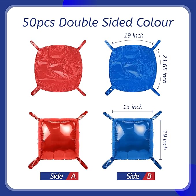 50PCS Blue Red Square Foil Balloon Wall, 19'' Reusable DIY Mylar Double Side Balloons Garland Tunnel Arch Kit for Anniversary Baby Shower Bachelorette Birthday Game Party Decor