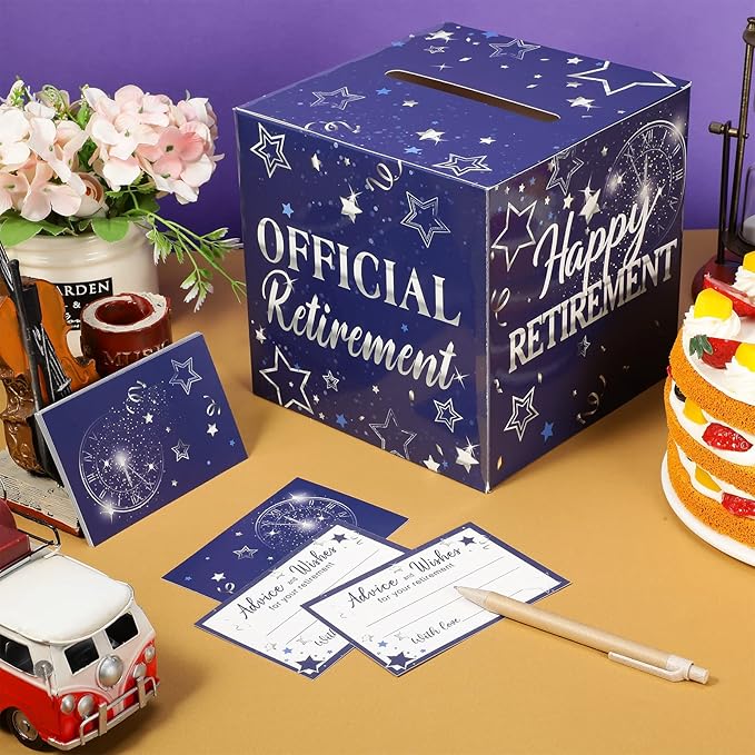 Funrous 51 Pcs Retirement Card Box Advice & Well Wishes Cards for Women Men Happy Retirement Party Decorations Going Away Party Favors(Blue and Silver)