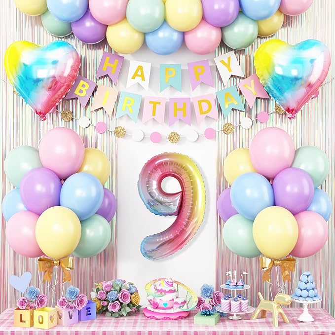 9th Birthday Decorations Rainbow,Gradient Number 9 Balloon,Pastel Happy Birthday Banner Fringe Curtain Heart Foil Balloons Boys Girls 9 Year Old Decor