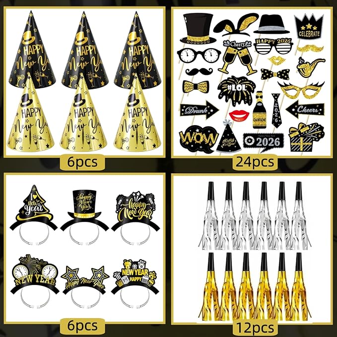 YVAINE 48 Pieces New Years Eve Party Supplies 2026 Black Gold Happy New Year Decorations Kit Includes 6 New Years Party Hats 6 Headband Tiaras 12 Noise Makers and 24 Happy New Year Photo Booth Props