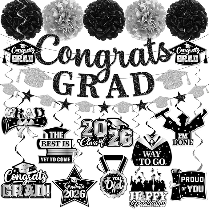 Graduation Decorations 2026, Glitter Congrats Grad Banner Hanging Swirls and Tissue Pom Poms, Black and Silver Graduation Decorations for Class of 2026 College Graduations Party Decorations