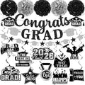 Graduation Decorations 2026, Glitter Congrats Grad Banner Hanging Swirls and Tissue Pom Poms, Black and Silver Graduation Decorations for Class of 2026 College Graduations Party Decorations