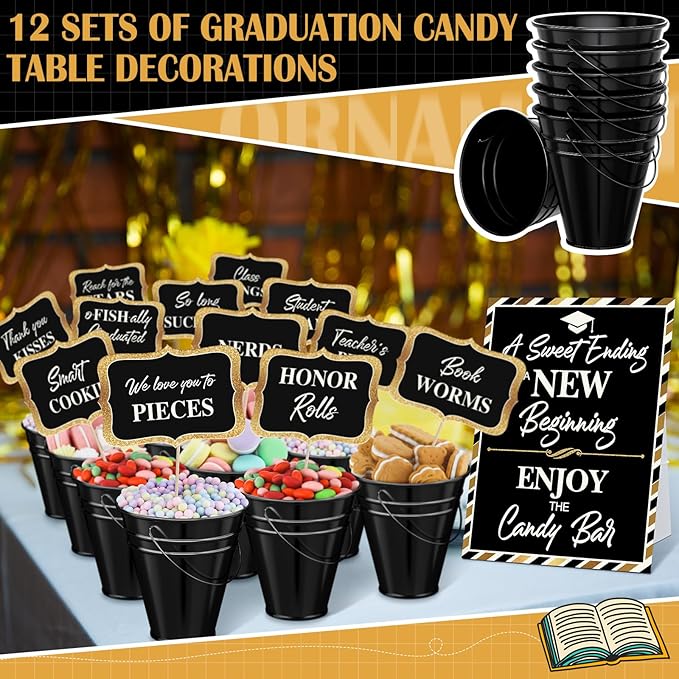 12 Set 2026 Graduation Candy Buffet Party Decoration Graduation Table Candy Bar Snack Labels Signs and 5'' Buckets with Handle for Class of 2026 Party Parties Supplies(Pure Style,Black)