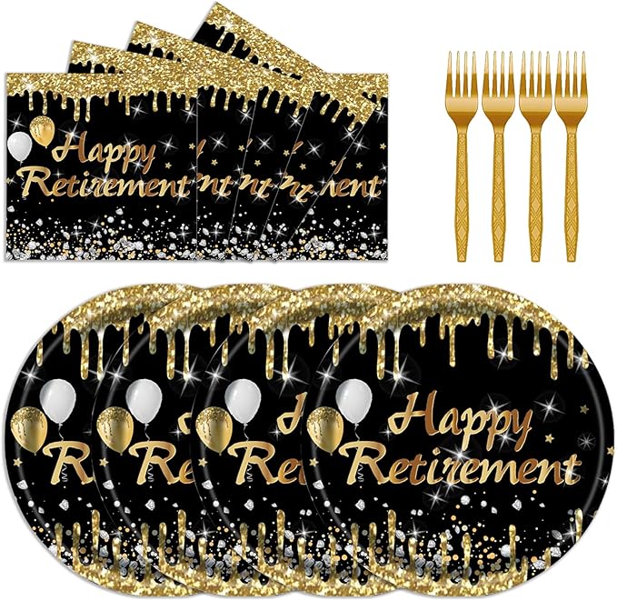 72Pcs Happy Retirement Party Decorations - Retirement Party Supplies Plates and Napkins Sets with Forks, Disposable Black Gold Tableware Set