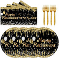 72Pcs Happy Retirement Party Decorations - Retirement Party Supplies Plates and Napkins Sets with Forks, Disposable Black Gold Tableware Set