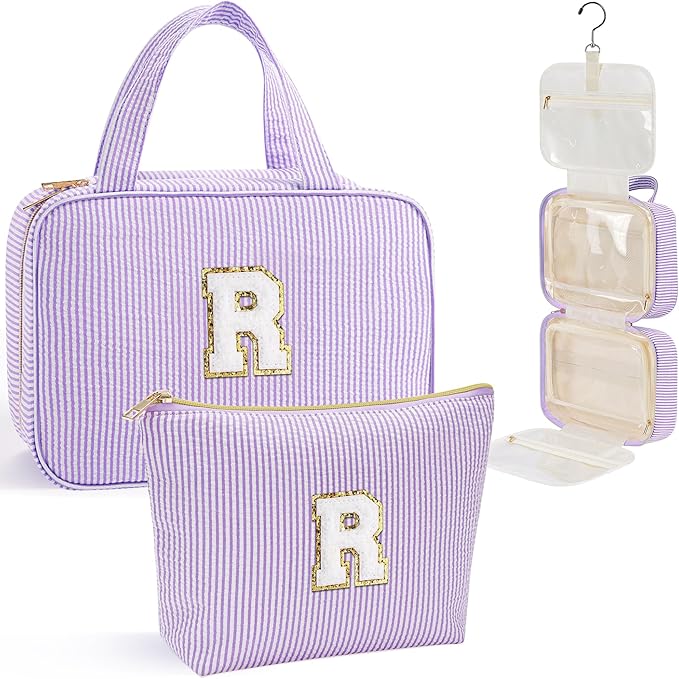 YOOLIFE Hanging Toiletry Bag - Large Capacity Personalized Travel Toiletry Bag for Women, Cruise Ship Essentials - Letter R, Purple