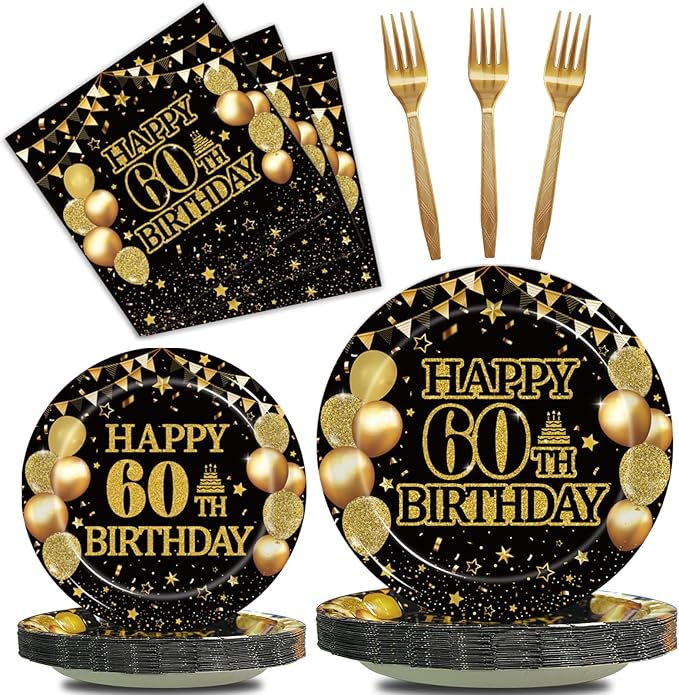 96Pcs 60th Birthday Party Tableware Set, Back in 1966 Birthday Party Decorations Supplies for Men Women Cheers to 60 Years Disposable Paper Plates Napkins Forks Favors, Serve 24