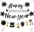 Happy New Year Banner Black New Years Decorations 2026 Glitter Pre-Strung New Year Eve Sign for NYE Party Supplies