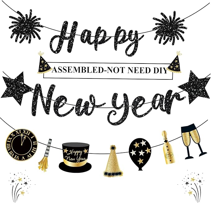 Happy New Year Banner Black New Years Decorations 2026 Glitter Pre-Strung New Year Eve Sign for NYE Party Supplies
