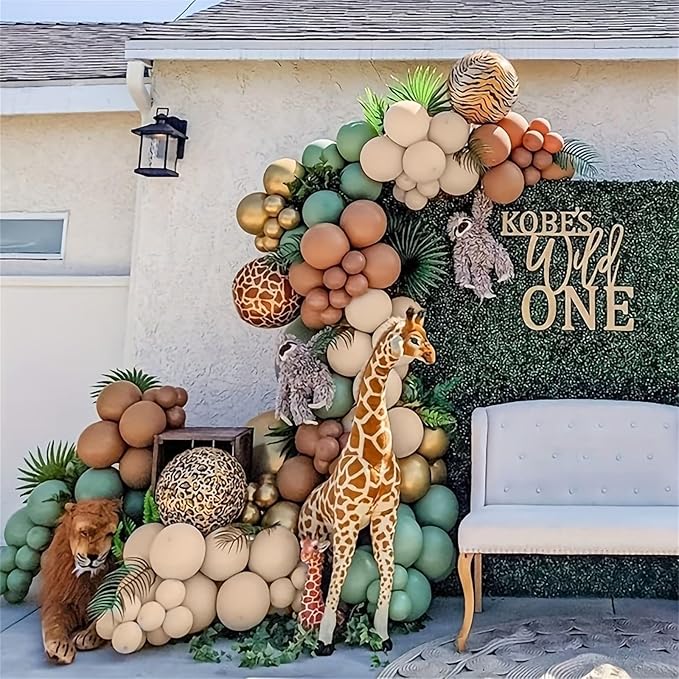 Jungle Safari Balloon Arch Garland Kit, Sage Olive Green Brown Beige with Animal Print Wild One Ballons, Giraffe Balloon for Kids Safari Baby Shower Forest Woodland Theme Birthday Party Decorations