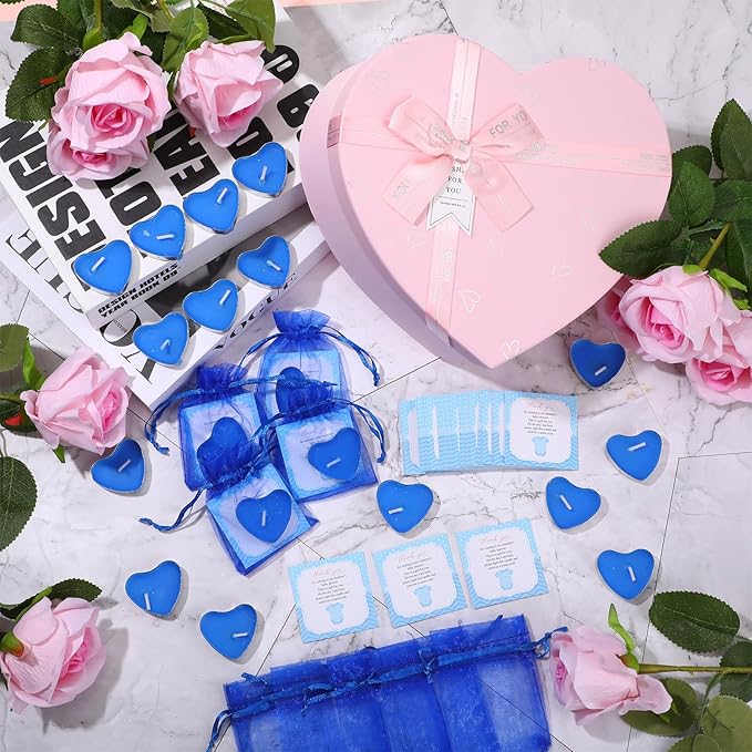 50 Sets Baby Shower Favors Candle Include 50 Pcs Heart Shaped Tealight Guests Baby Shower Candles Tealight with Thank Cards and 100 Pcs Gift Bags for Gender Reveal(Blue)