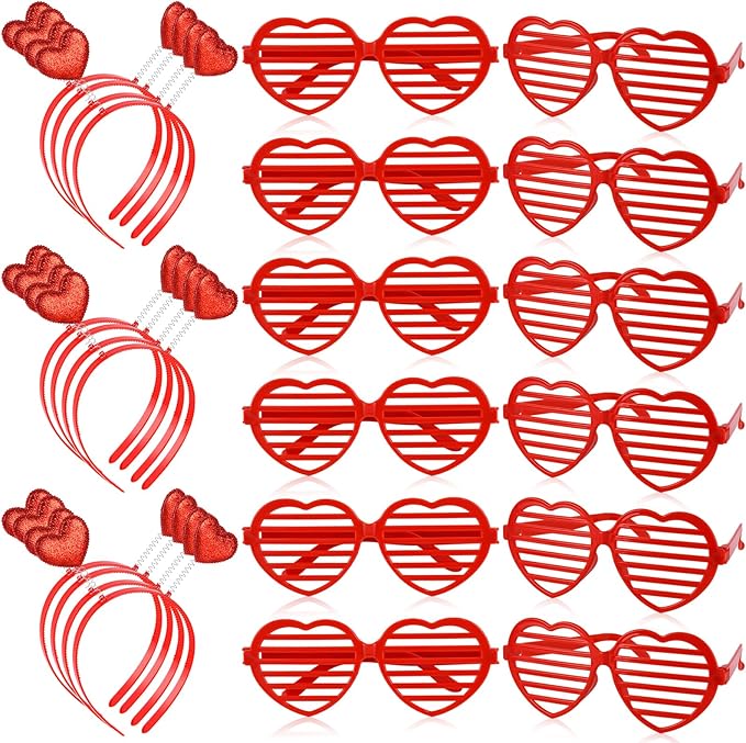 24 Pcs Valentines Heart Head Boppers Headbands and Heart Shape Sunglasses Party Supplies