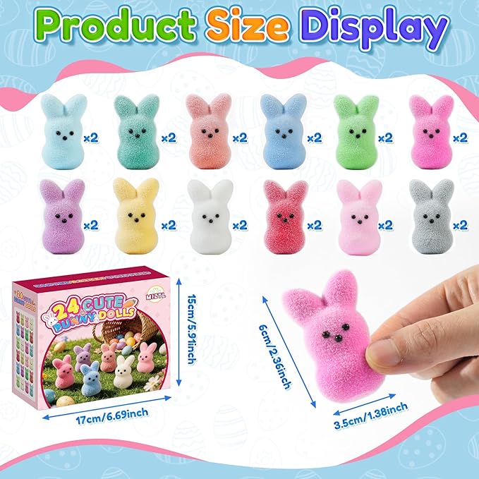 24Pack Mini Flocked Bunny for Easter Basket Stuffers, Easter Egg Fillers for Kids, Easter Gifts for Children, Easter Toys Party Favors & Decor