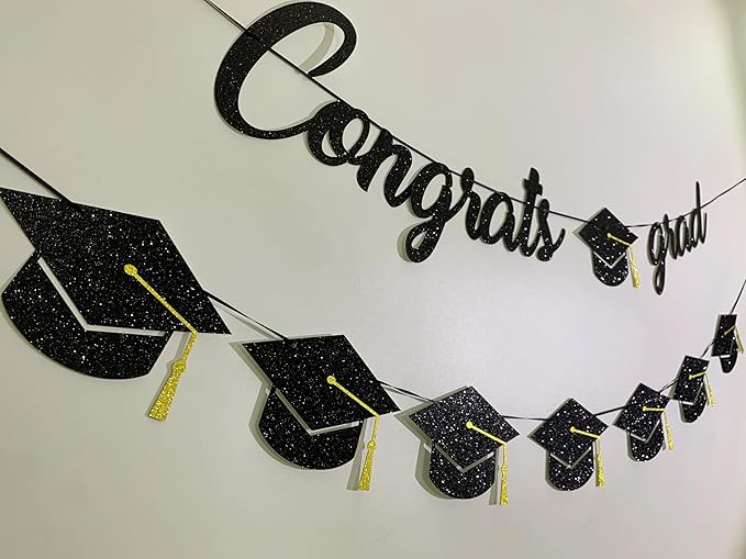 Graduation Decorations Class of 2026 Party Supplies - Congrats Grad Banner and Graduation Cap Banner (Pre-Strung)