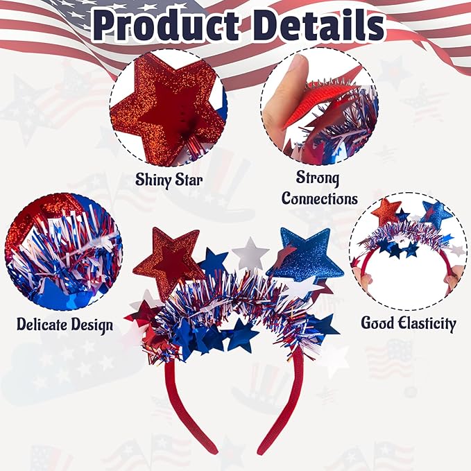 6Pcs 4th of July USA Headbands, American Patriotic Head Boppers Decoration Accessories, Independence Day, Memorial Day, Party Decor