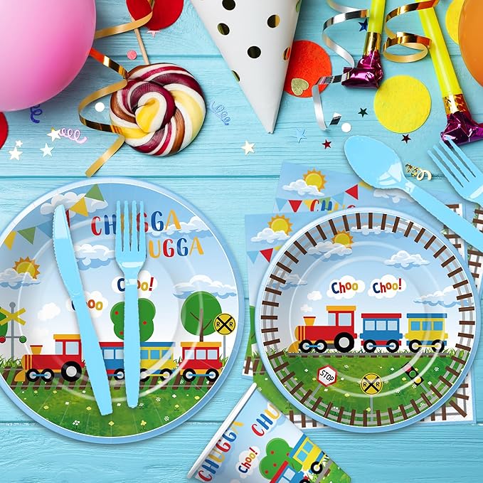 APOWBLS Train Birthday Party Supplies Tableware, Chugga Choo Train 1st 2nd 3rd Birthday Decorations, Paper Plate, Cup, Napkin, Disposable Cutlery, Straw, Tablecloth | 24 Guests