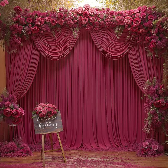 16x10FT Burgundy Backdrop Curtains for Wedding Parties, Wrinkle Free Polyester Photography Backdrop Drapes for Wedding Baby Shower Birthday Parties Stage Background Stand Decorations 4x10ft,4 Panels