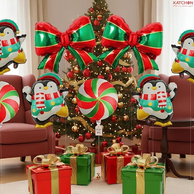 KatchOn, Merry Christmas Balloons Set – Pack of 8 | Peppermint Candy, Penguin & Bow Balloons for Outdoor Christmas Decorations Indoor | Penguin Xmas Decorations | Foil Balloon for Holiday Party Decor