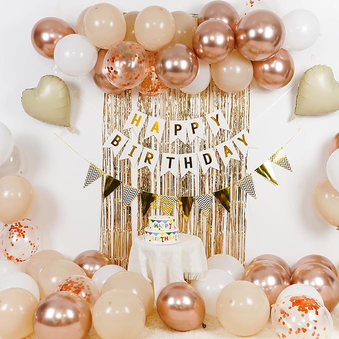 White Sand Gold Birthday Decorations,Happy Birthday Banner with Beige Cream Balloon Heart Foil Balloons Gold Fringe Curtain for Women Men Boho Baby Shower Party Decor