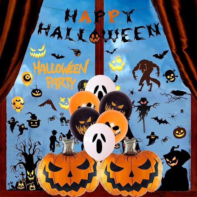 Leesoot Halloween Decorations Set 17pcs Pumpkin Ghost Balloons + Banner + Wall Stickers Bat Spider Witch Werewolf Skull for Halloween Party Home decoration Halloween Backdrop