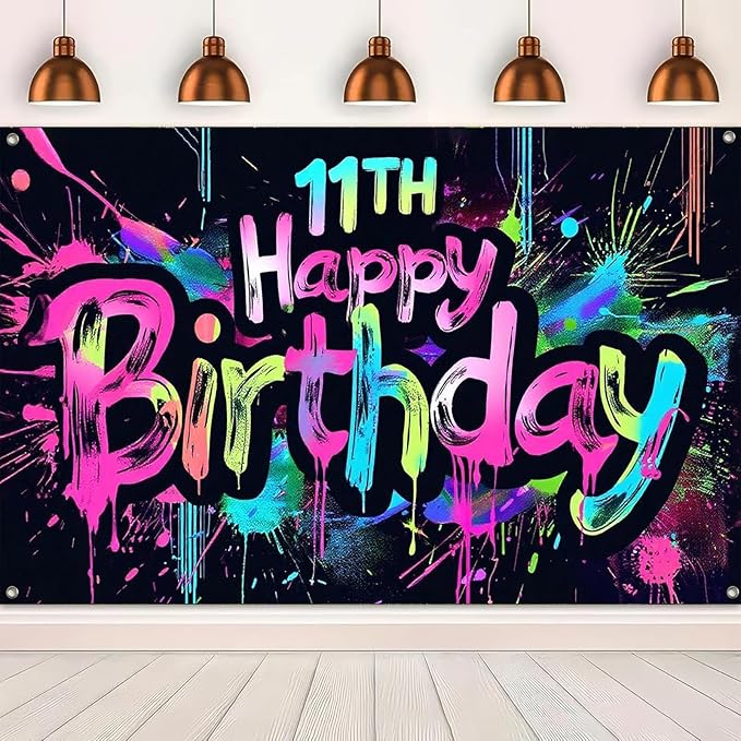 Neon 11th Happy Birthday Banner 71x43 Inch Paint Splatter Glow in The Dark Party Backdrop Colorful Wall Decor for Kids Boys Girls Eleventh Birthday Celebrations Photo Booth Props Event