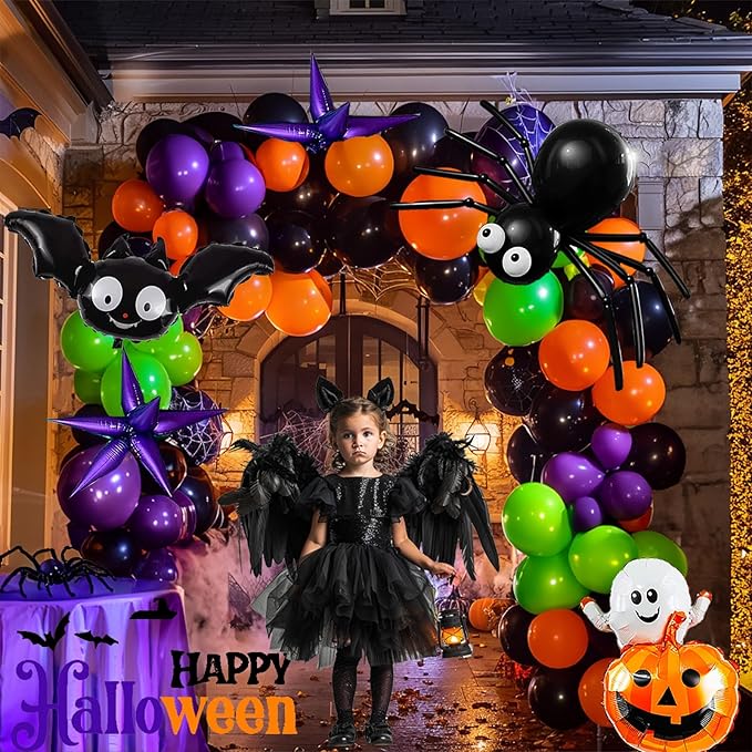 Halloween Balloon Garland Arch Kit 100+pcs Orange and Black Purple green balloons with Spooky Bat Pumpkin foil Balloons spider web for fall Halloween Party spooky-themed birthday Decorations