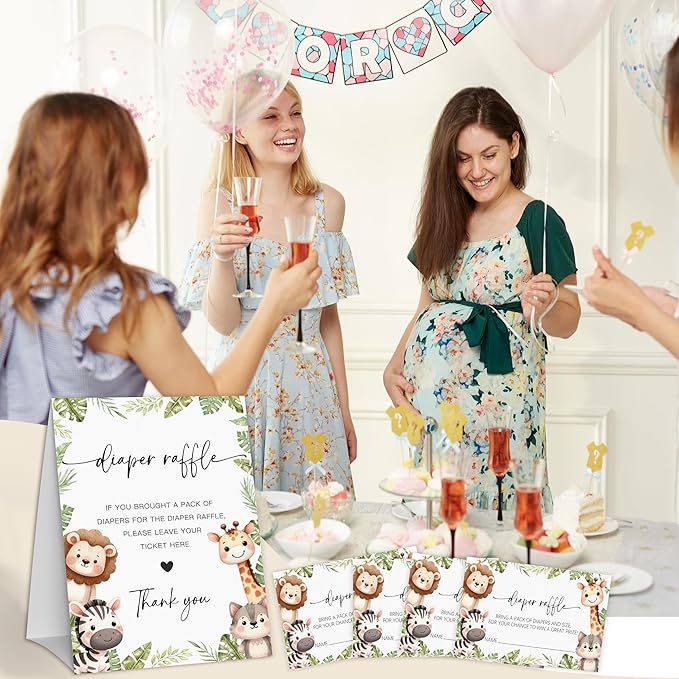 Woodland Diaper Raffle Game, Diaper Raffle Tickets for Baby Shower, Gender Neutral Tickets for Baby Shower Party Favor Decorations Supplies (1 Sign + 50 Cards)