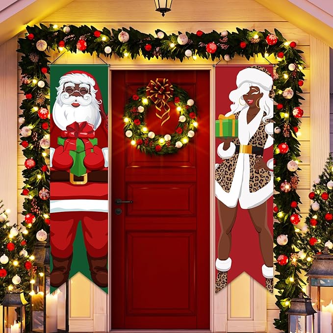 Blulu 2 Pack Christmas Porch Banners African American Christmas Porch Signs Black Santa Xmas Porch Sign Banners for Winter Holiday Party Indoor Outdoor Front Door Wall Yard Hanging Decorations