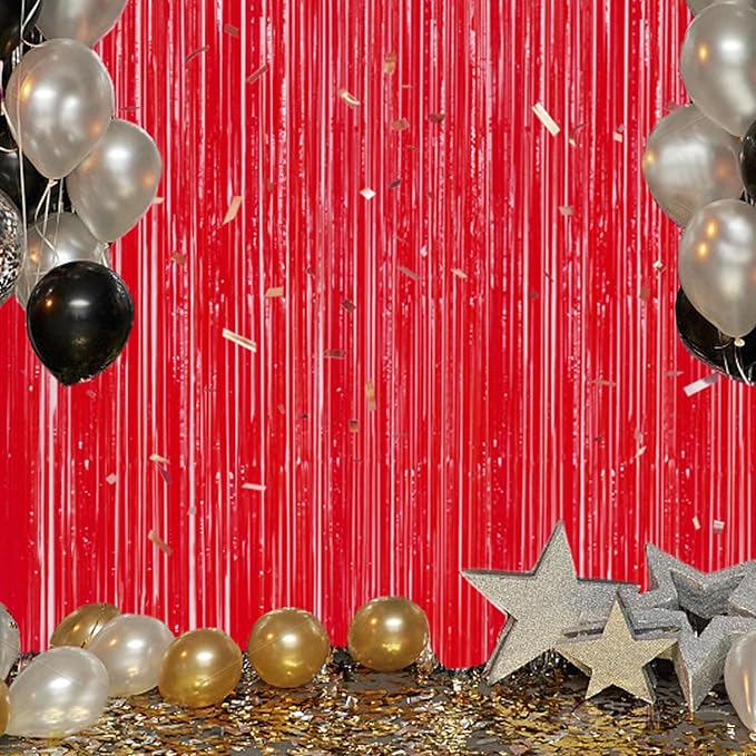 2 Pack Foil Fringe Backdrop - Pastel Red Shiny Tinsel Curtains for Party Decoration/Photo Booth Props - 3.3x6.6 FT Metallic Foil Backdrop for Birthday, Wedding, Graduation, Christmas.
